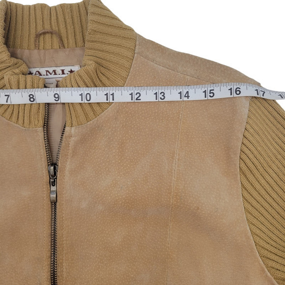 Vintage A.M.I. Camel Suede Leather Jacket | Knit Sleeves‎ & Collar Womens Sz LHO - Picture 11 of 12